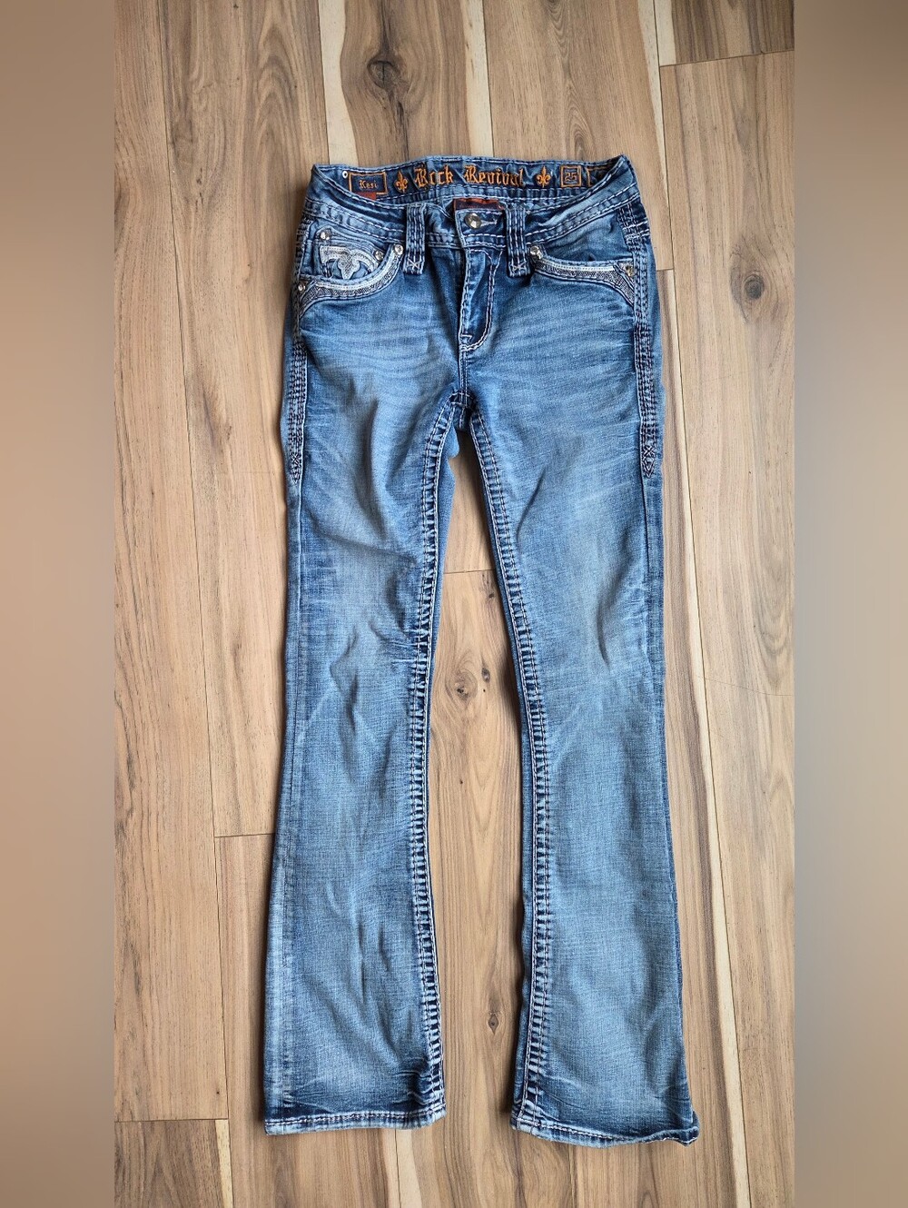 Rock Revival Kesi Bootcut Jeans Women Size 25 Flap Pocket Rhinestone Thick Stitc